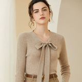 Women’s Cashmere Wool V-Neck Bow Tie Sweater