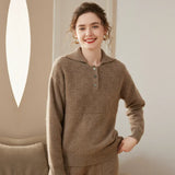 Women’s Cashmere Wool Polo Textured Button Neck Knit Sweater