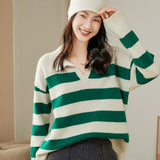 Women's Cashmere Wool Blend Striped Polo Loose-Fit Sweater