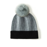 Women's Cashmere Pom Pom Ribbed Knit Beanie Hat with Faux Fur Pom