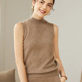 100% Cashmere Mock Neck Sleeveless Knit Sweater Vest for Women