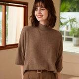 Women’s 100% Cashmere Mock Neck Three-Quarter Sleeve Sweater