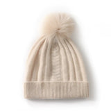 100% Cashmere Beanie Soft Ribbed Knit Winter Hat with Fur Pom for Women