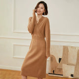 Women's Cashmere Wool Blend V Neck Sweater Dress Midi Knit Dress