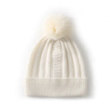 100% Cashmere Beanie Soft Ribbed Knit Winter Hat with Fur Pom for Women