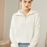Women’s 100% Cashmere Half Zip Ribbed Knit Polo Collar Pullover Sweater