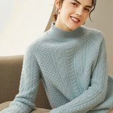 Women’s 100% Cashmere Warm Cable Knit Mock Neck Sweater