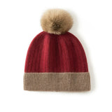 Women's Cashmere Pom Pom Ribbed Knit Beanie Hat with Faux Fur Pom
