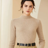 Women's Cashmere Wool Ribbed Knit Pullover Mock Neck Sweater