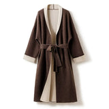 Women’s 100% Cashmere Belted Midi Coat Colorblock Wrap Coat