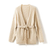 Women’s Cashmere Wool Cable Knit Belted Open Front Sweater Cardigan