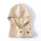 100% Cashmere Cable Knit Balaclava Hood Button Neck Warmer Hat
