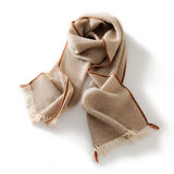 100% Cashmere Fringe Scarf Winter Wrap with Hand-Stitched Contrast Trim
