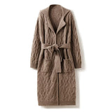 Women’s Cashmere Cable Knit Long Cardigan Coat Belted Mid-Length Sweater