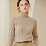 Women's Cashmere Wool Blend Cable Knit Turtleneck Thick Pullover Sweater