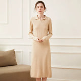 Women’s Cashmere Wool Polo Collar Sweater Dress  Knit Midi Dress