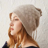 100% Cashmere Slouchy Beanie Knit Winter Hat with Adjustable Drawstring