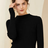 Women's Cashmere Wool Ribbed Knit Pullover Mock Neck Sweater
