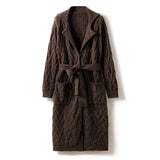 Women’s Cashmere Cable Knit Long Cardigan Coat Belted Mid-Length Sweater