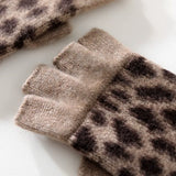 100% Cashmere Leopard Print Fingerless Gloves Knit Gloves with Thumb Hole
