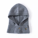 100% Cashmere Cable Knit Balaclava Hood Button Neck Warmer Hat