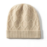 Unisex 100% Cashmere Cable Knit Beanie Hat with Folded Cuff