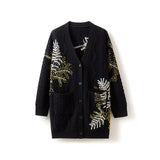 100% Cashmere Embroidered Long V-Neck Cable Knit Sweater Cardigan