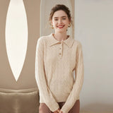 Women’s Cashmere Wool Polo Collar Cable Knit Pullover Sweater