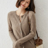 Women’s Cashmere Wool Pointelle Lightweight Crew Neck Knit Sweater Cardigan