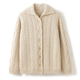 Women's 100% Cashmere Cable Knit Collared Cardigan Thick Jacket