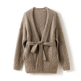 Women’s Cashmere Wool Cable Knit Belted Open Front Sweater Cardigan