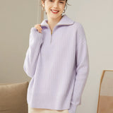 Women’s 100% Cashmere Half Zip Ribbed Knit Polo Collar Pullover Sweater