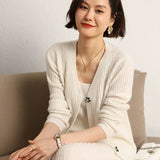 Women's Cashmere Wool Ribbed V-Neck Cardigan with Jeweled Buttons