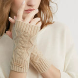 100% Cashmere Fingerless Gloves Cable Knit Arm Warmers with Ribbed Cuffs