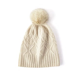 100% Cashmere Cable Knit Beanie with Fur Pom Pom Warm Winter Hat for Women