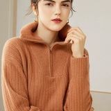 Women’s 100% Cashmere Half Zip Ribbed Knit Polo Collar Pullover Sweater