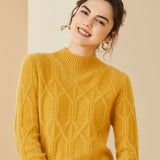 Women’s Cable Knit Mock Neck Cashmere Wool Sweater