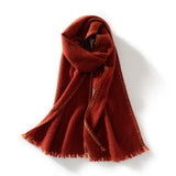 100% Cashmere Fringe Scarf Winter Wrap with Hand-Stitched Contrast Trim
