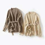 Women’s Cashmere Wool Cable Knit Belted Open Front Sweater Cardigan