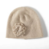 100% Cashmere Hand-Crocheted Floral Beanie Knit Winter Hat