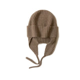 100% Cashmere Earflap Hat Knit Winter Beanie with Tie Strings for Women Men