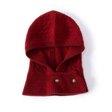 100% Cashmere Cable Knit Balaclava Hood Button Neck Warmer Hat