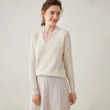 Women’s V-Neck Cashmere Textured Knit Cashmere Wool Pullover Sweater