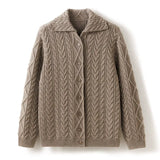 Women's 100% Cashmere Cable Knit Collared Cardigan Thick Jacket