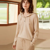 Women's 100% Pure Cashmere Knit Hooded Henley Sweater