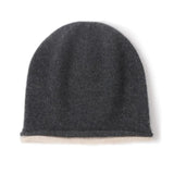 100% Cashmere Contrast Rolled-Edge Beanie Hat Knit Winter Cap