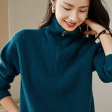 Women’s Cashmere Wool Half-Zip Ribbed High Neck Sweater