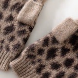 100% Cashmere Leopard Print Fingerless Gloves Knit Gloves with Thumb Hole