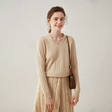 Women’s V-Neck Cashmere Textured Knit Cashmere Wool Pullover Sweater