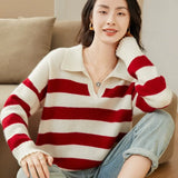 Women's Cashmere Wool Blend Striped Polo Loose-Fit Sweater